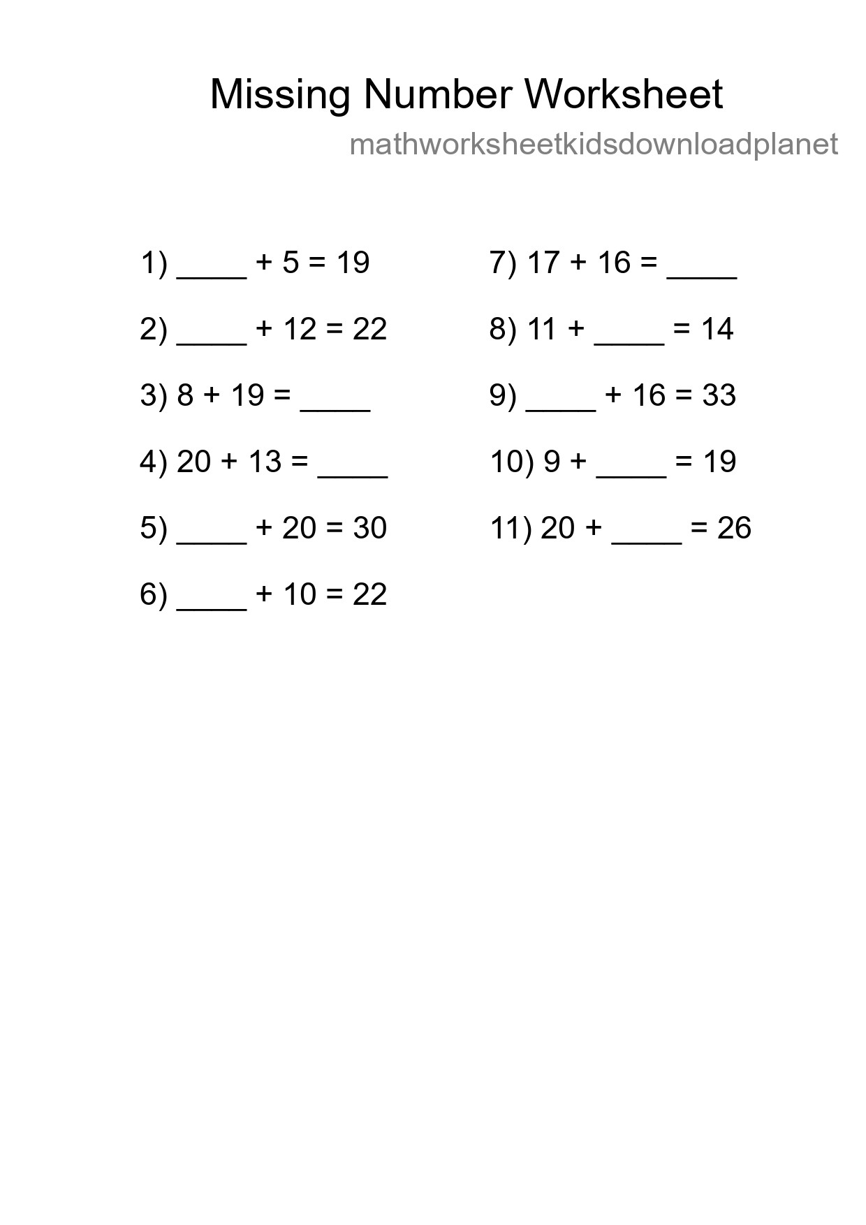 Missing Number Math Worksheet