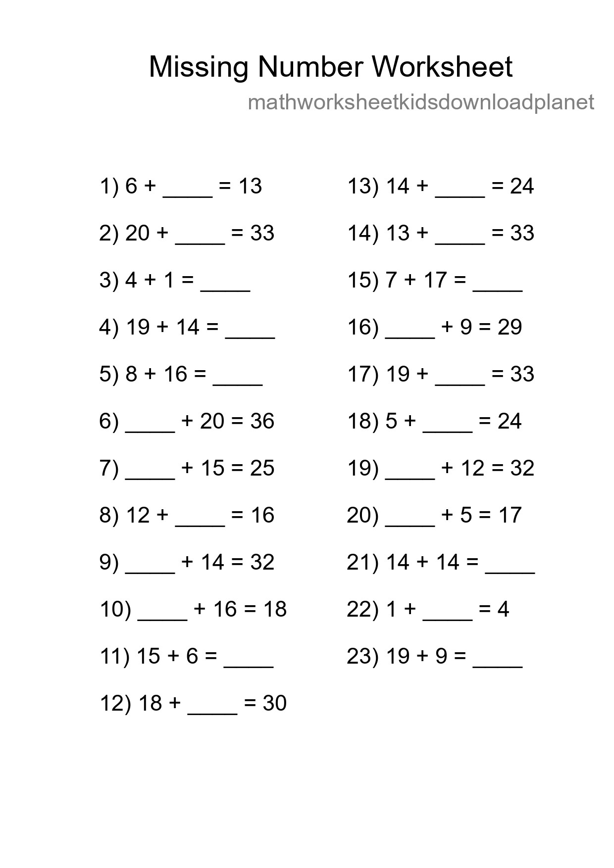 Missing Number Math Worksheet