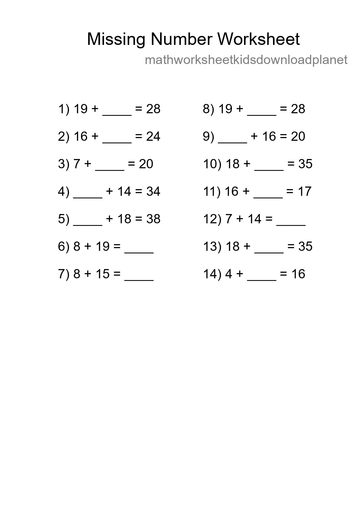 Missing Number Math Worksheet