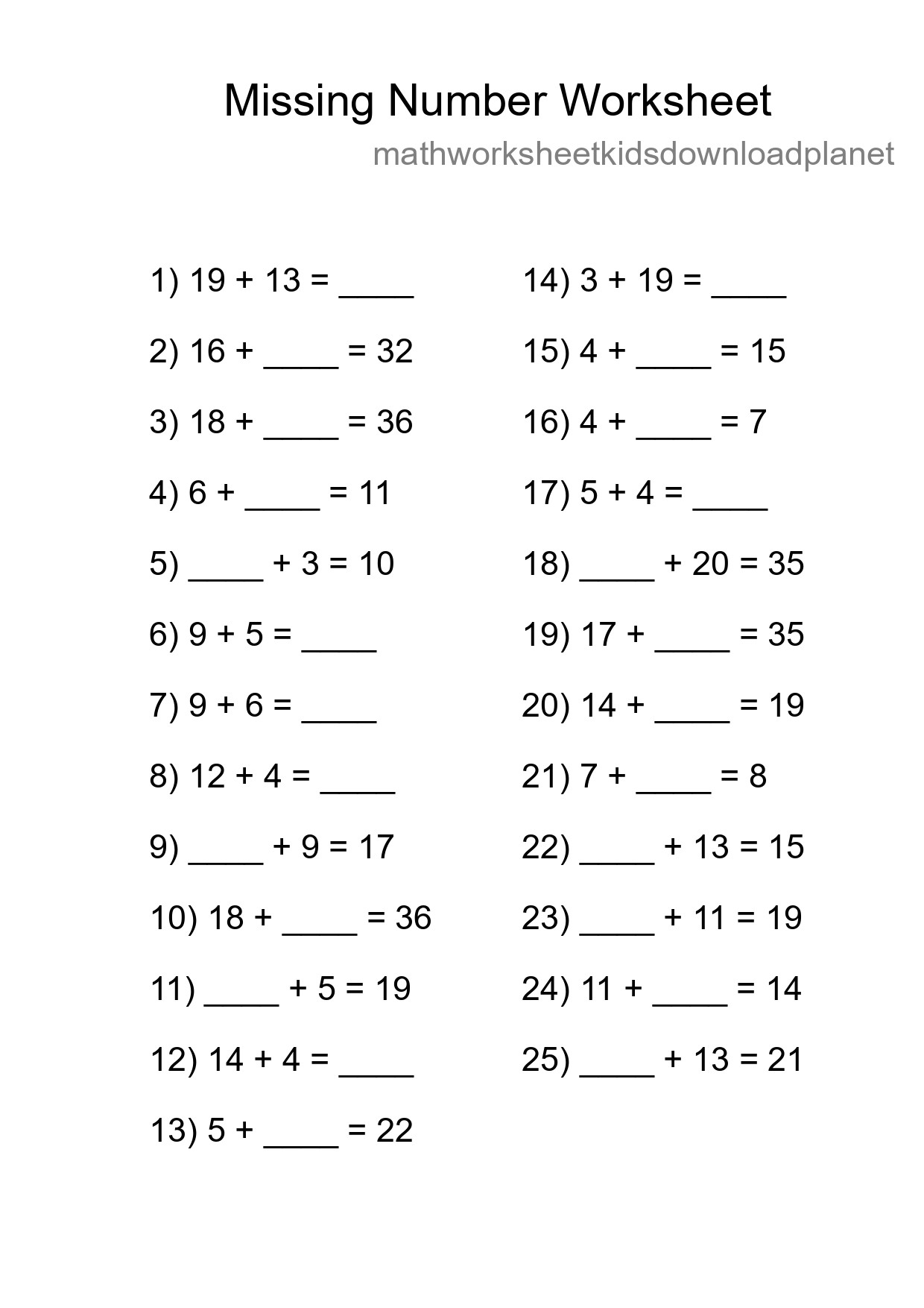 Missing Number Math Worksheet