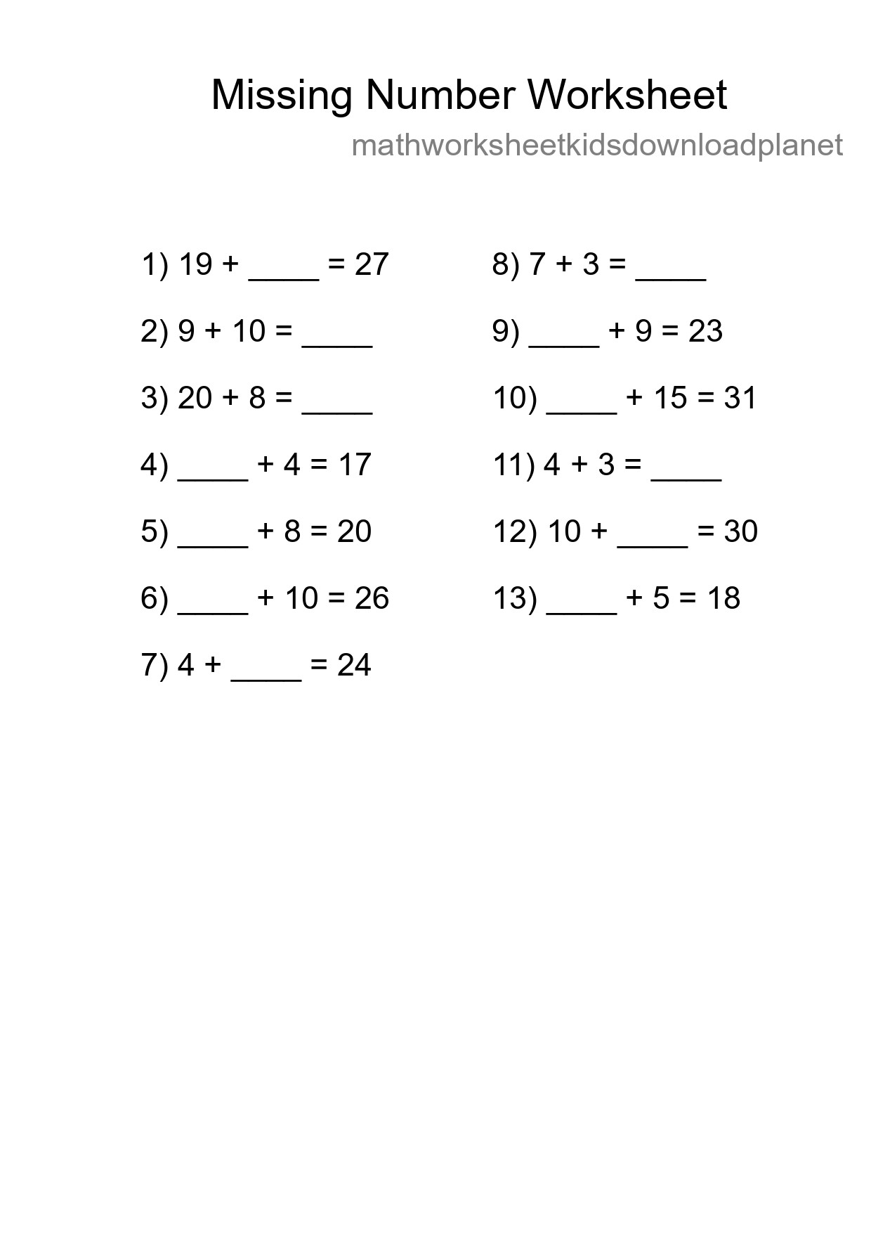 Missing Number Math Worksheet
