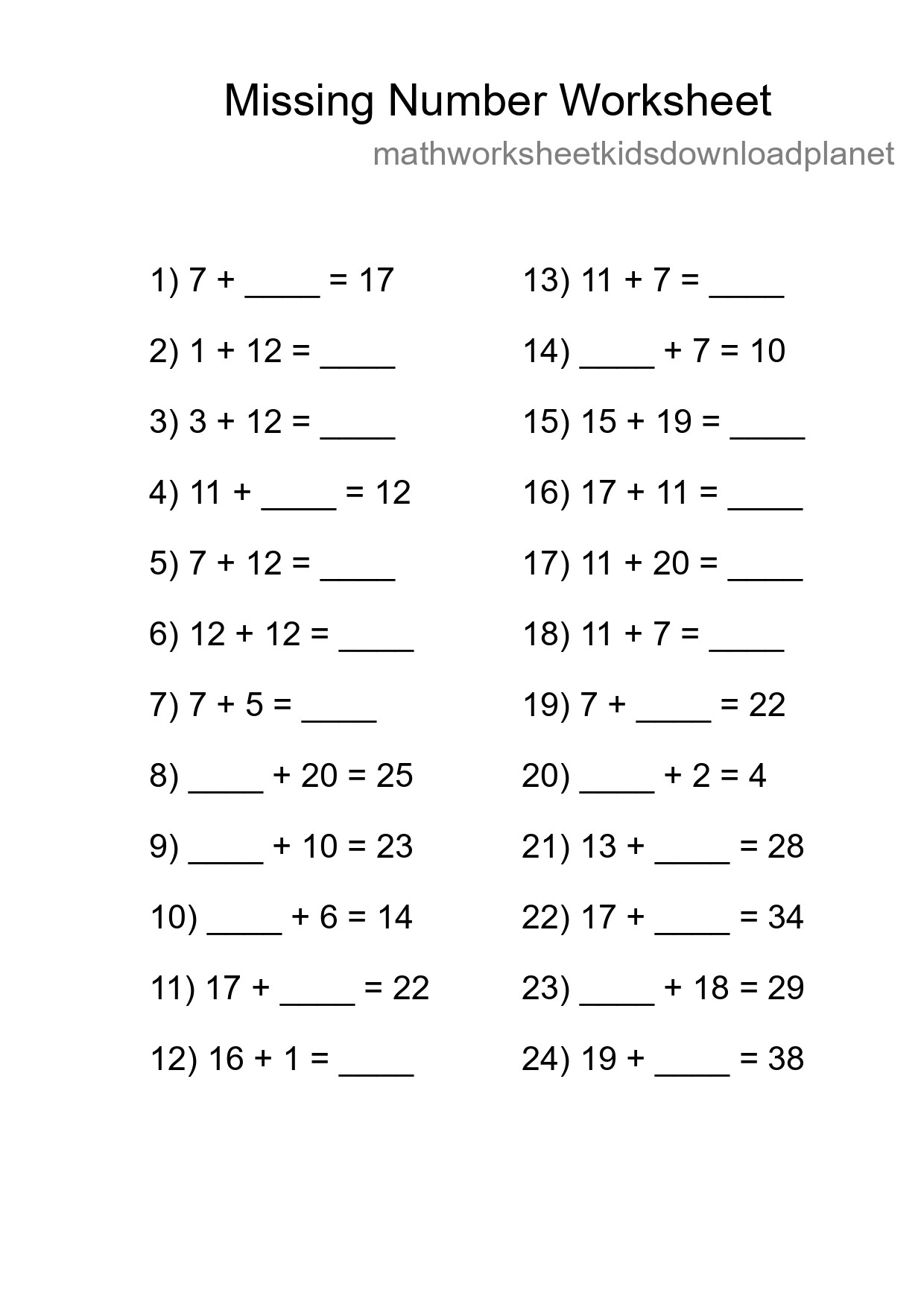Missing Number Math Worksheet