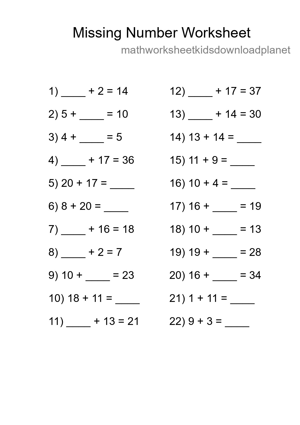 Missing Number Math Worksheet