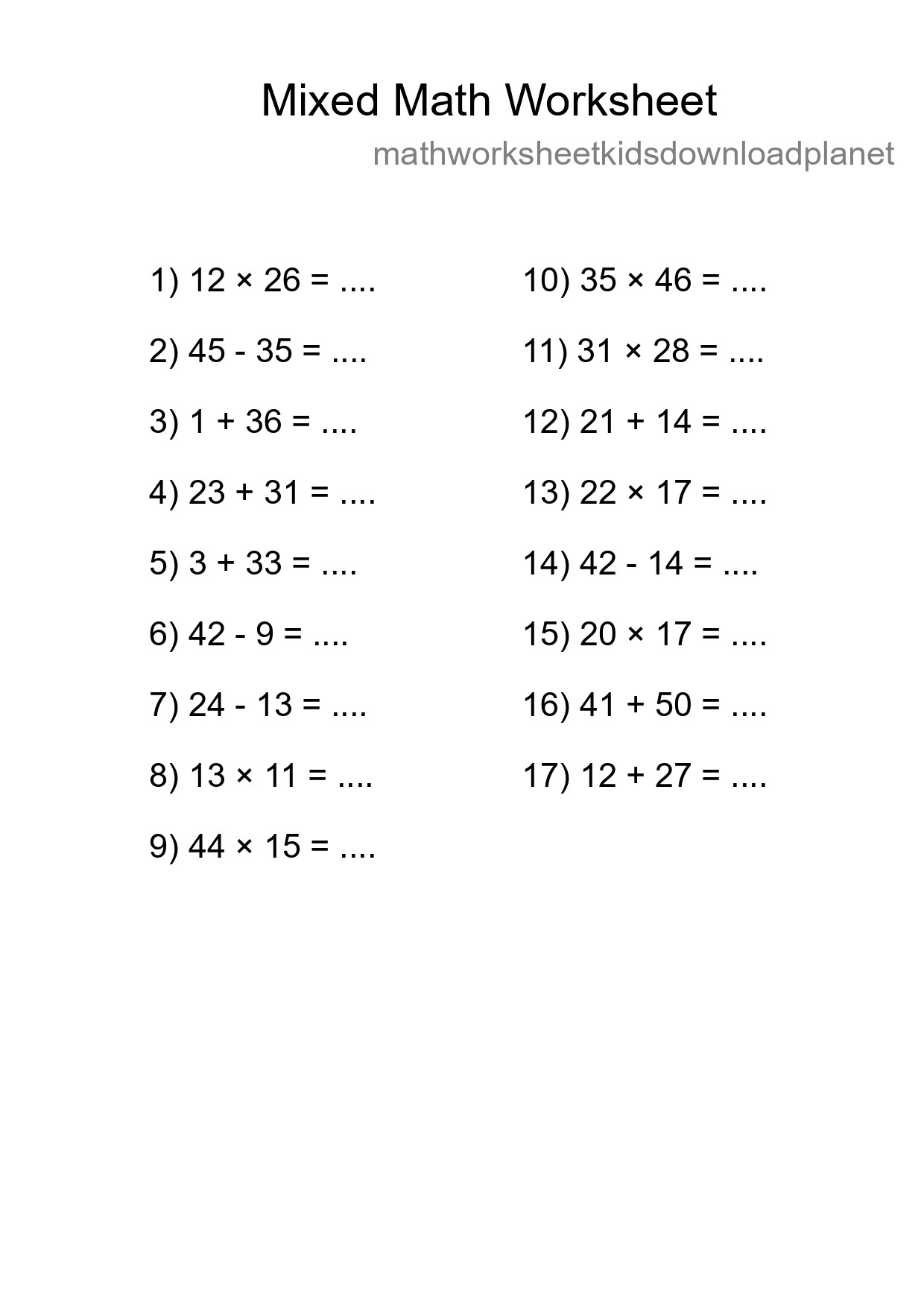 Mixed Operations Math Worksheet