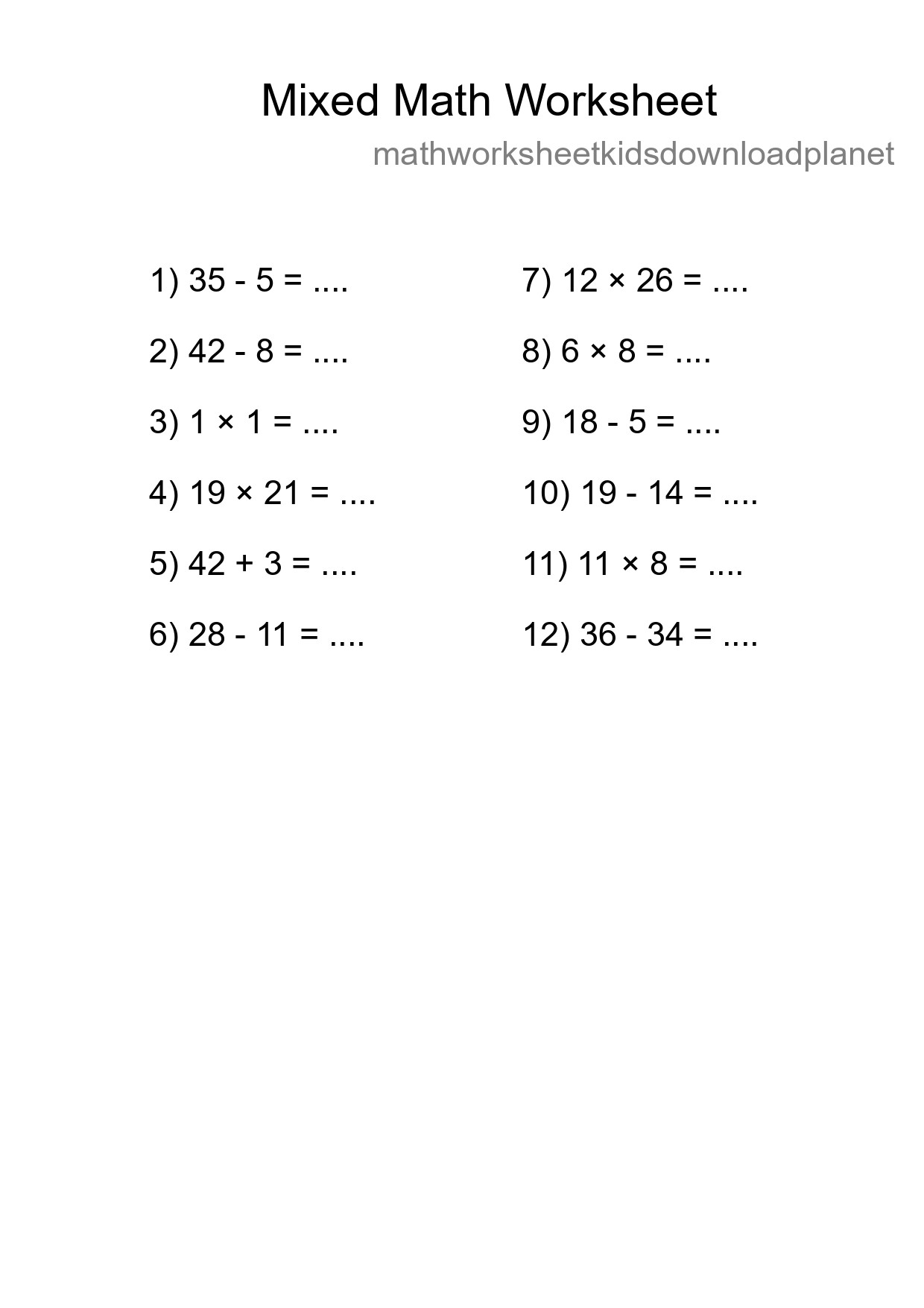 Mixed Operations Math Worksheet