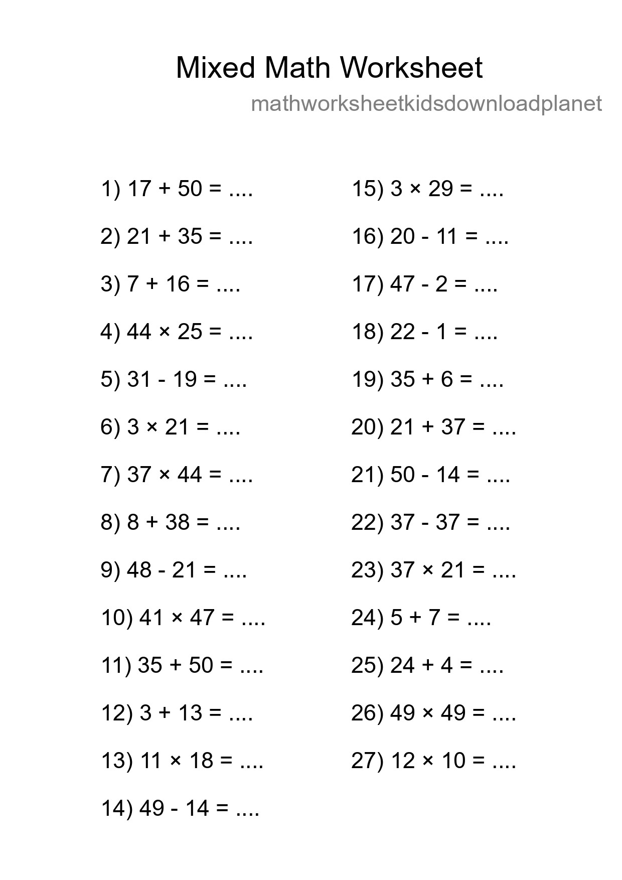 Mixed Operations Math Worksheet
