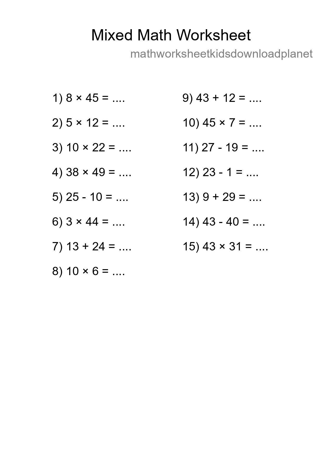 Mixed Operations Math Worksheet