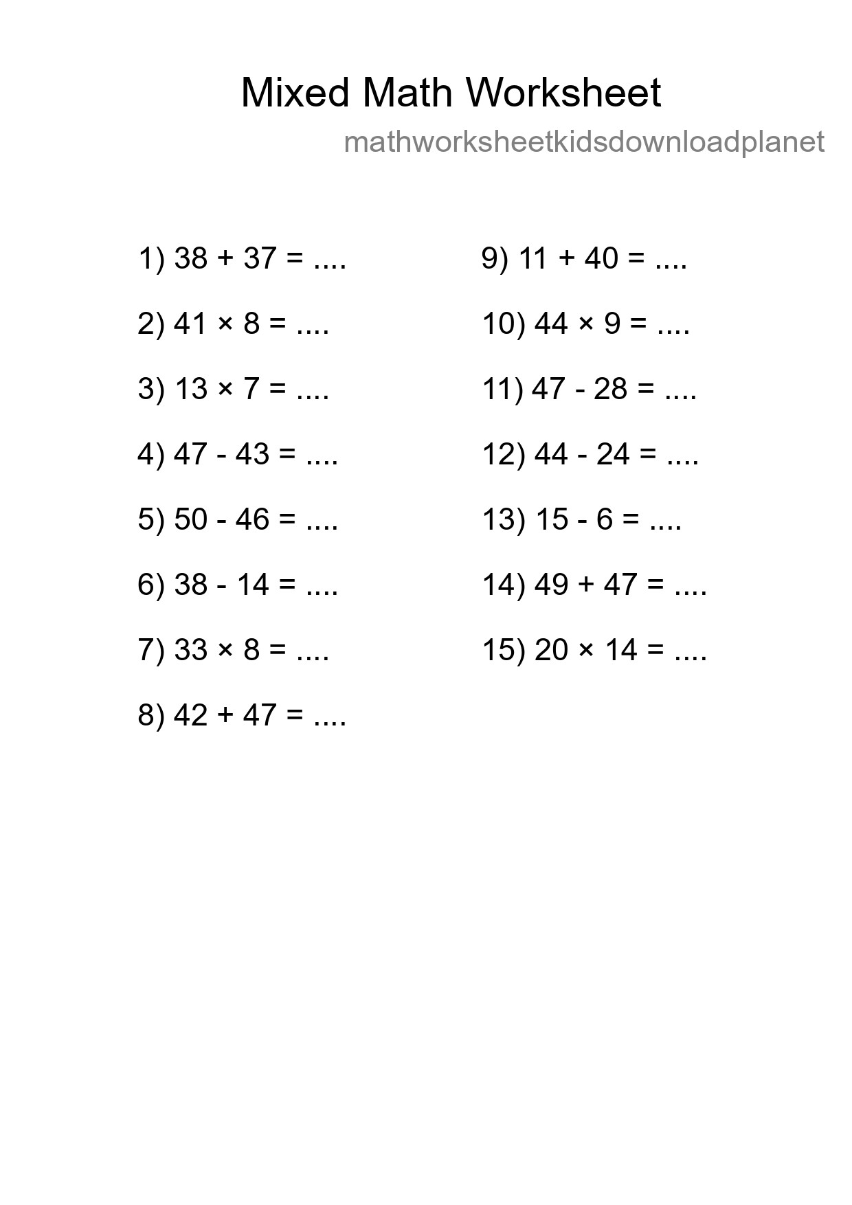 Mixed Operations Math Worksheet