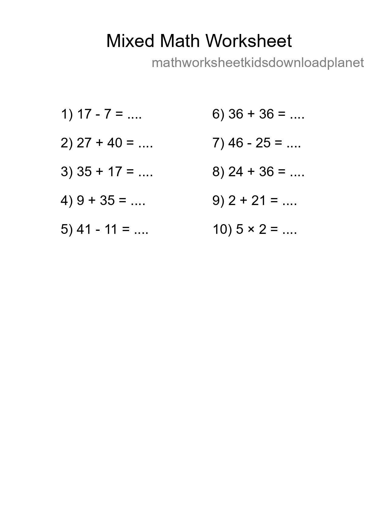 Mixed Operations Math Worksheet