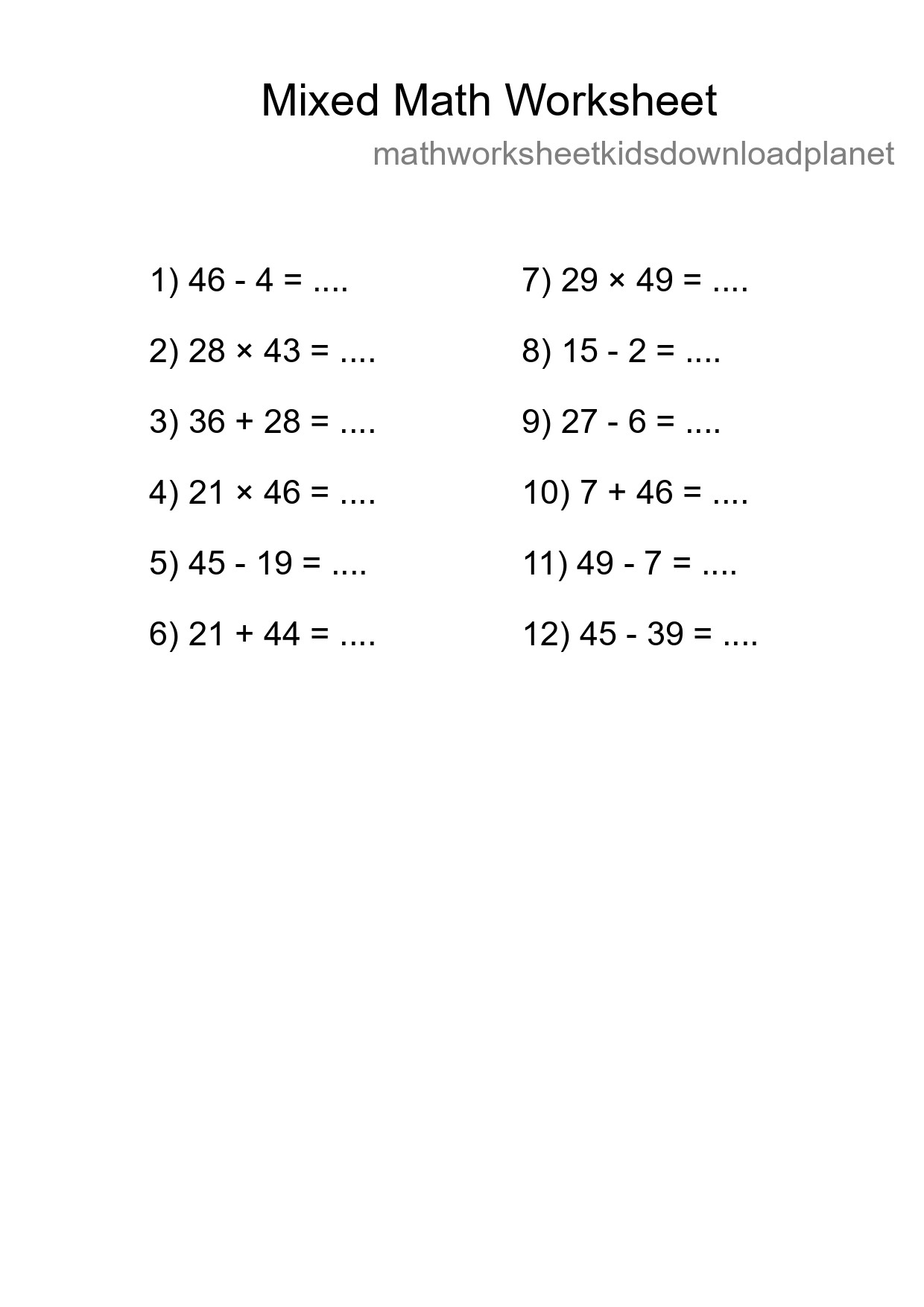 Mixed Operations Math Worksheet
