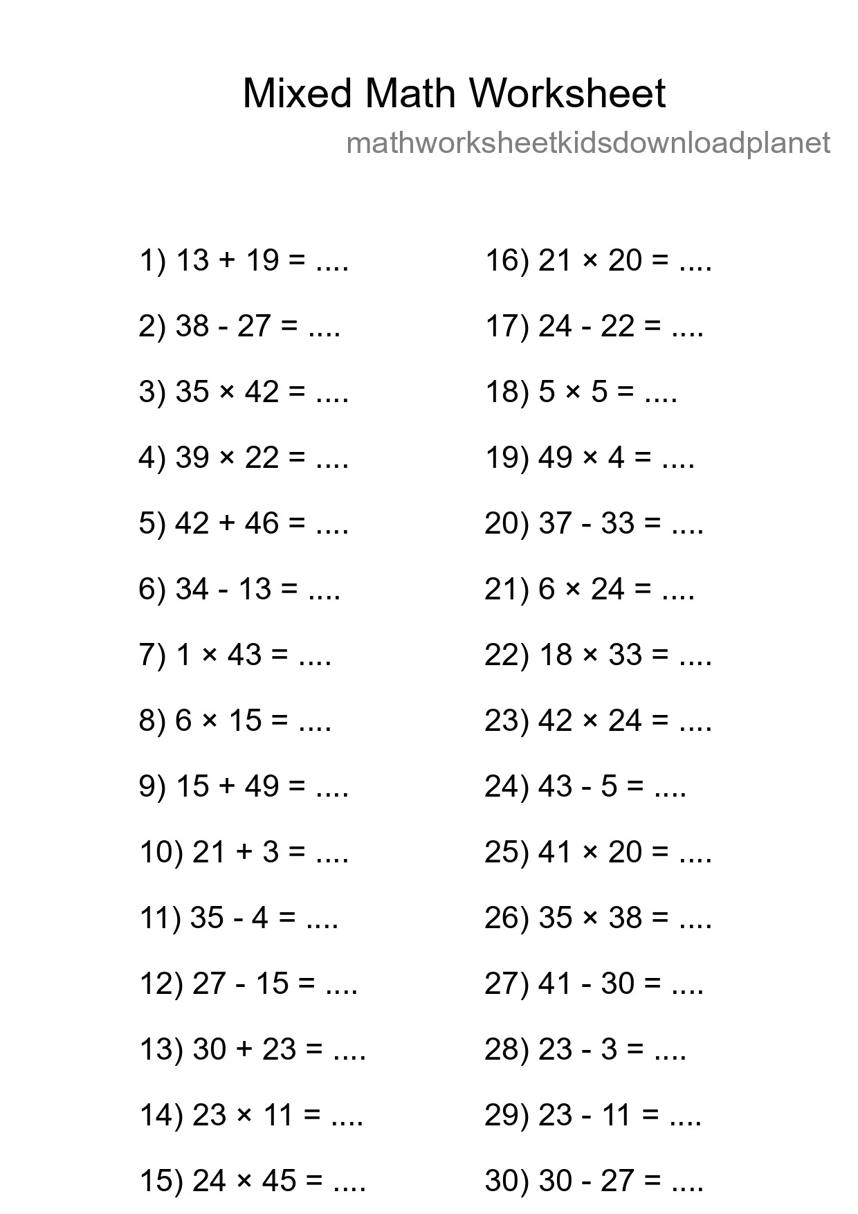 Mixed Operations Math Worksheet