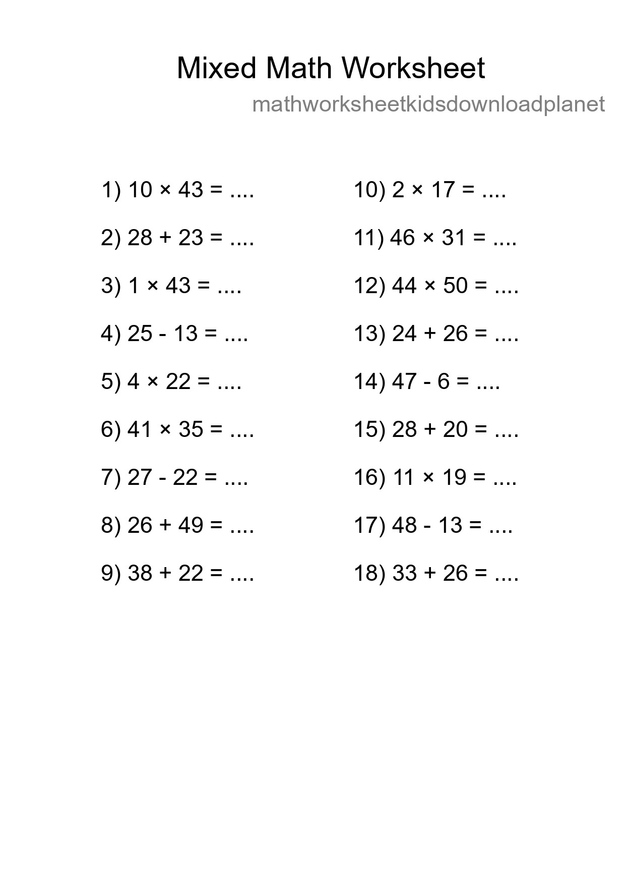 Mixed Operations Math Worksheet