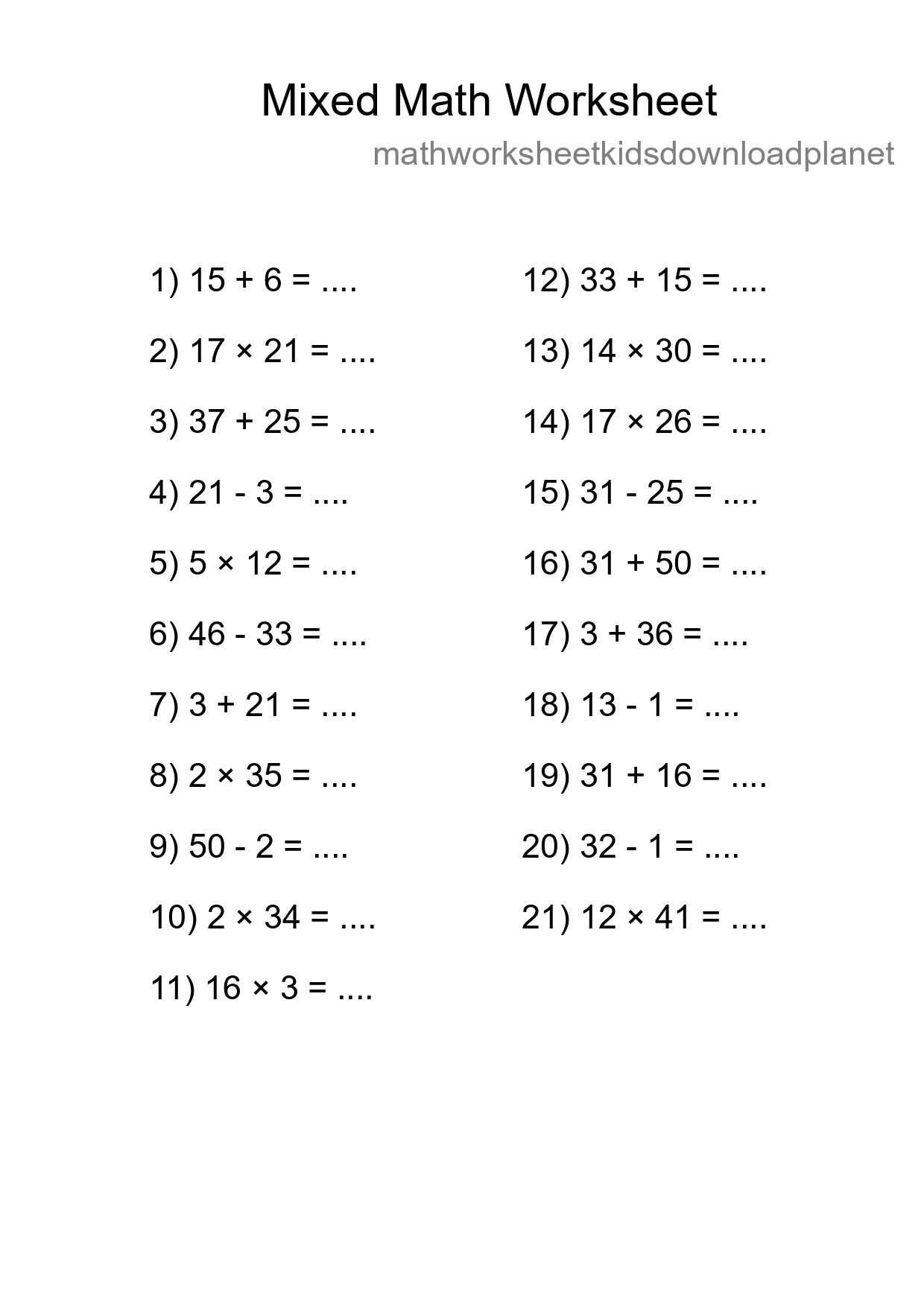 Mixed Operations Math Worksheet