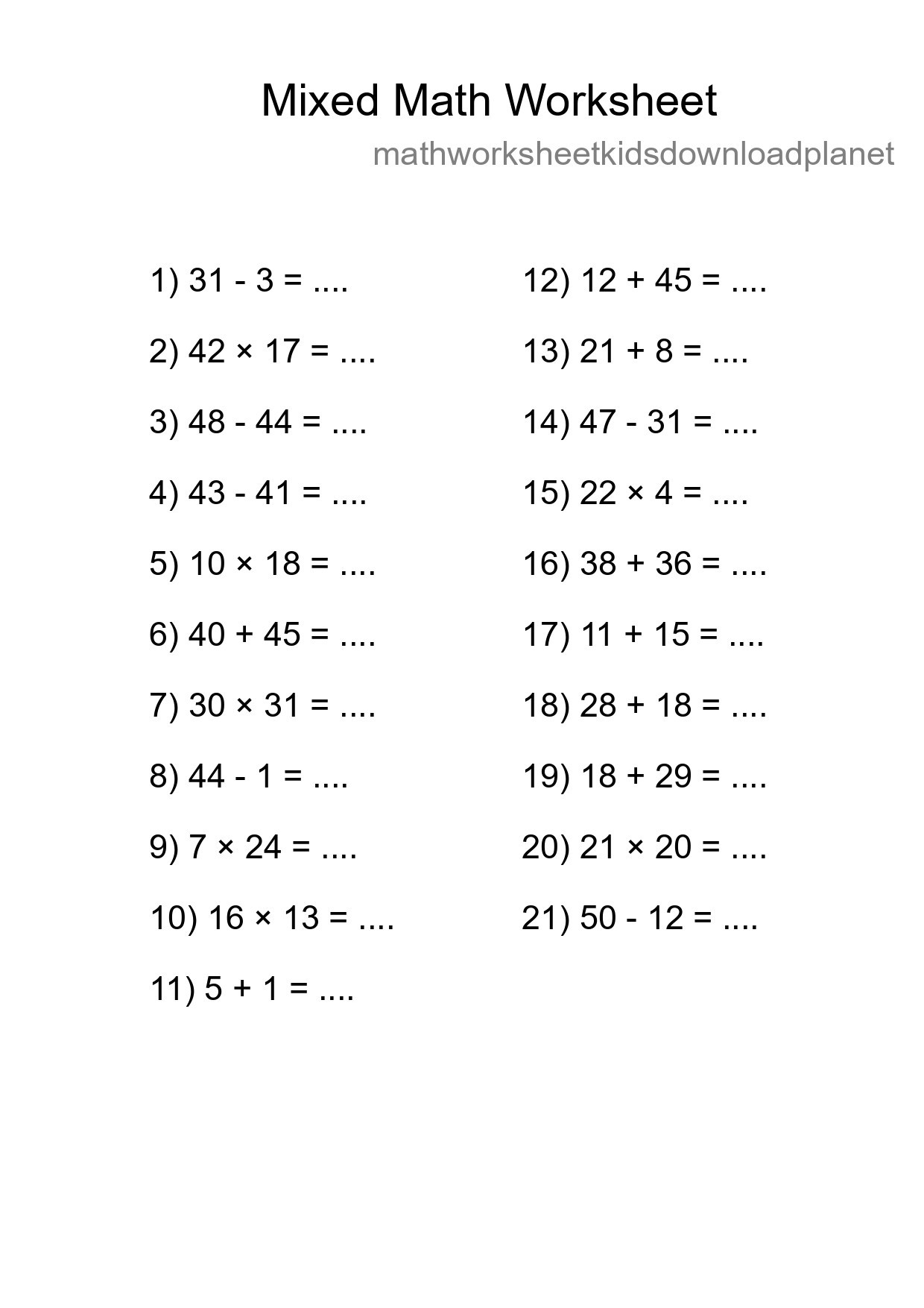 Mixed Operations Math Worksheet