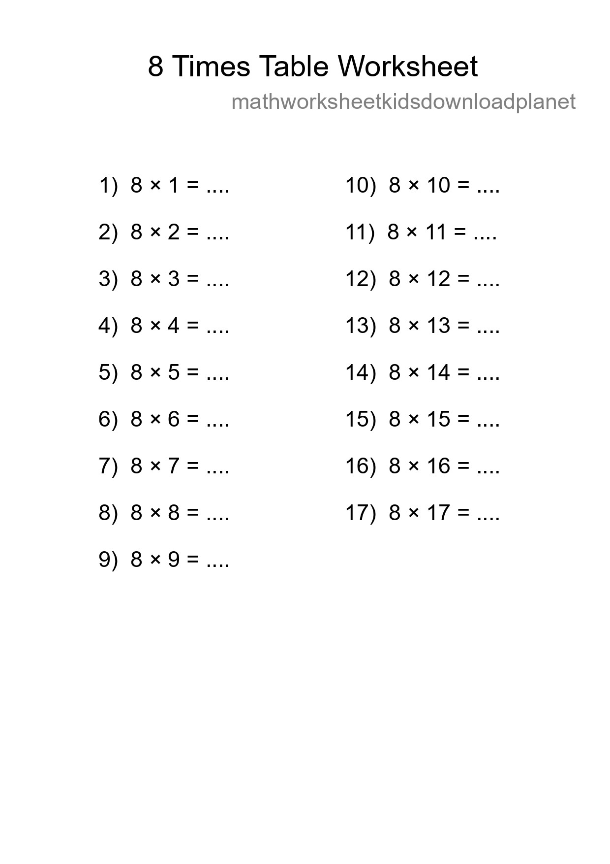 Printable 8 Times Table Worksheet For Grade 3 - Part 119