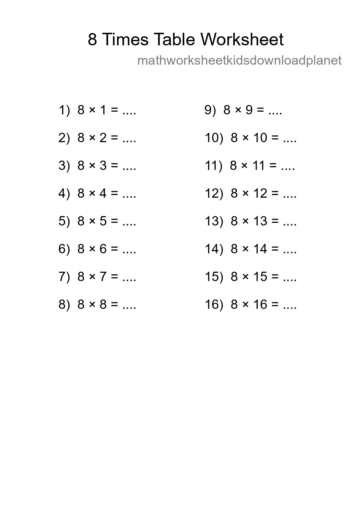 Printable 8 Times Table Worksheet For Grade 3 - Part 185