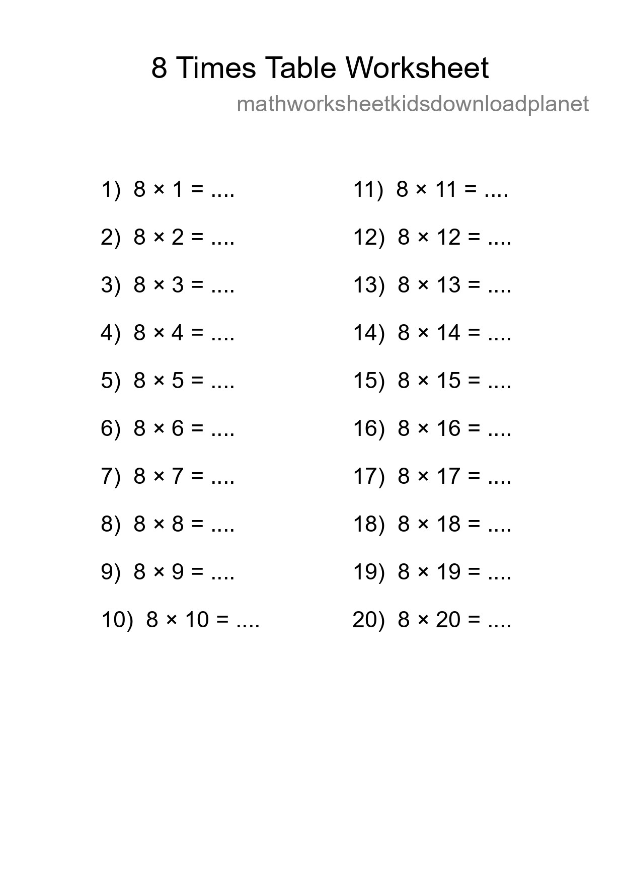 Printable 8 Times Table Worksheet For Grade 3 - Part 42