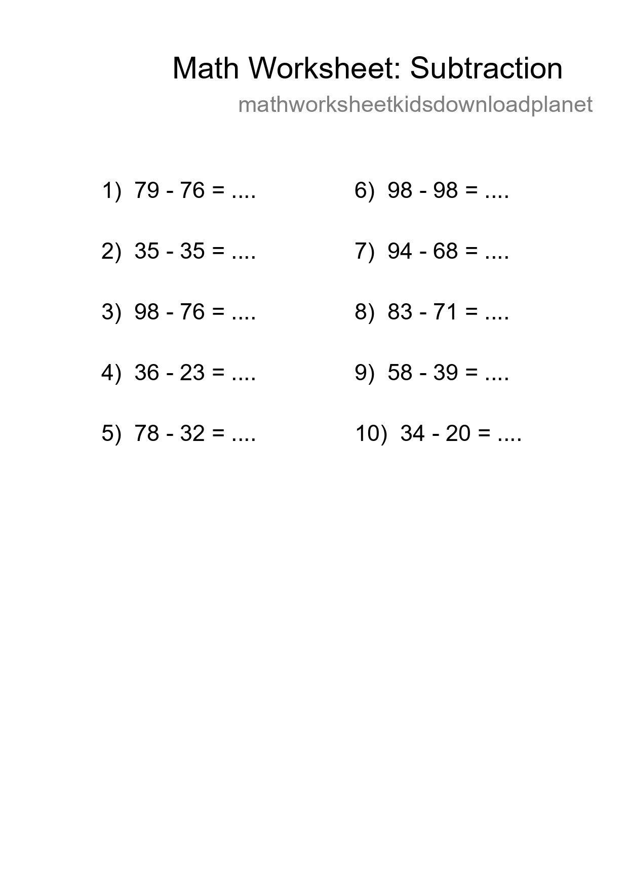 Printable Free 10 Subtraction Math Worksheet For Grade 3 - Part 52