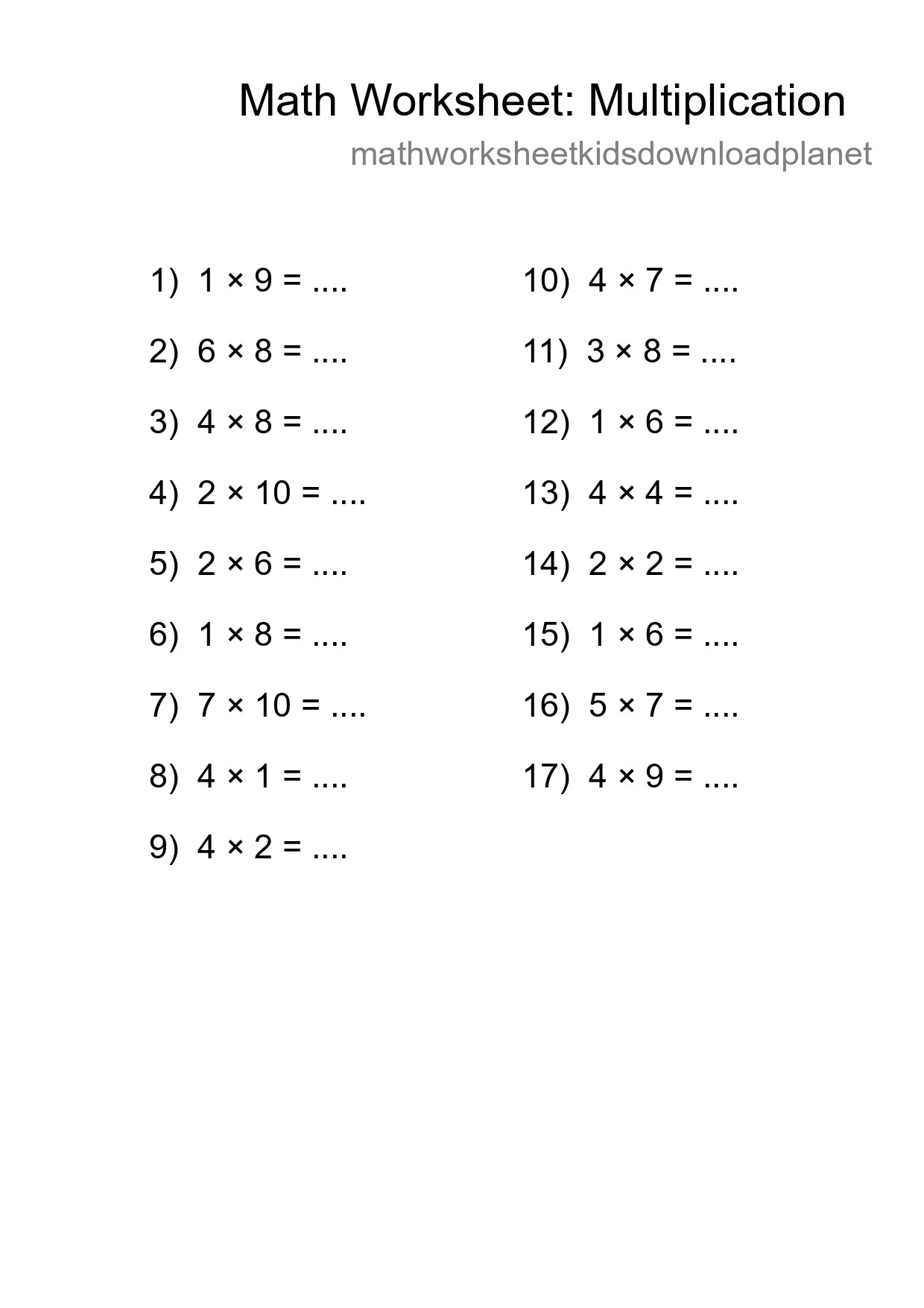 Printable Free 17 Multiplication Math Worksheet For Grade 1 - Part 128