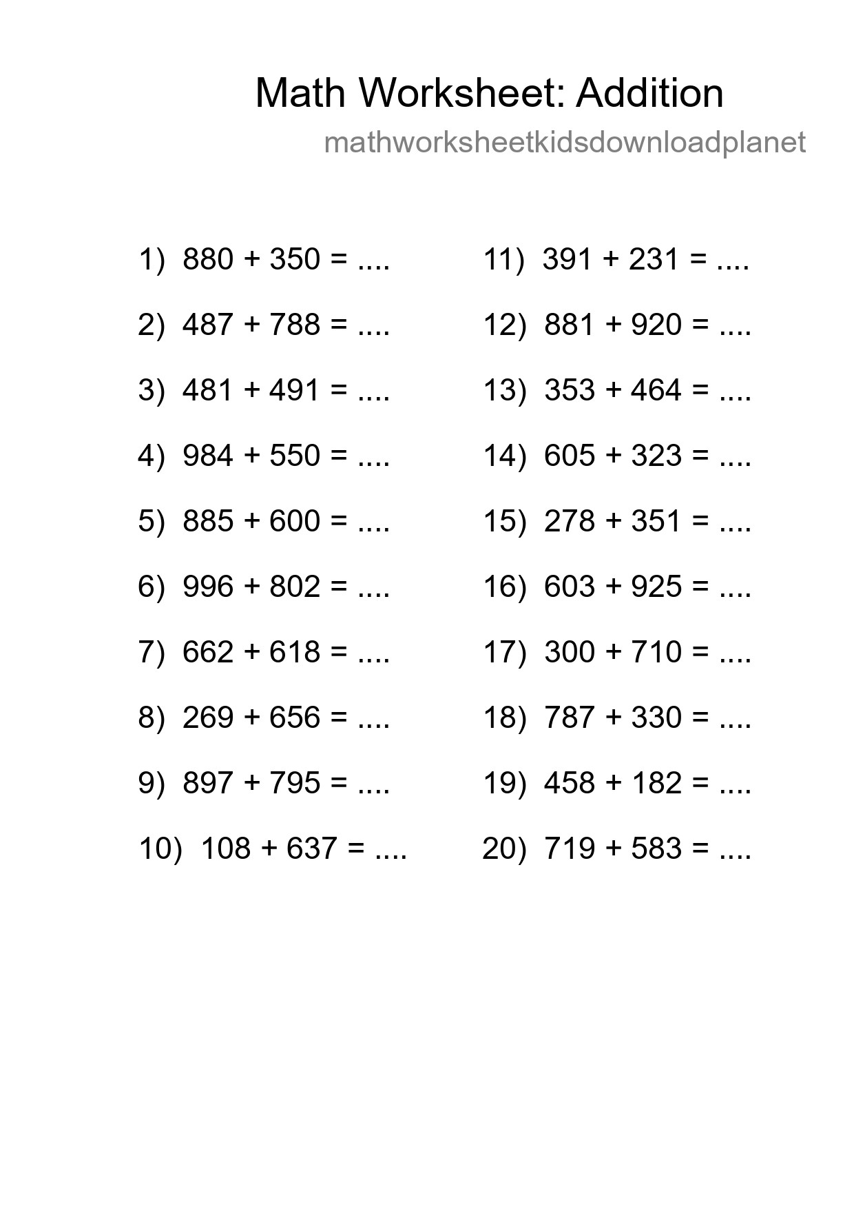 Printable Free 20 Addition Math Worksheet For Grade 5 - Part 100