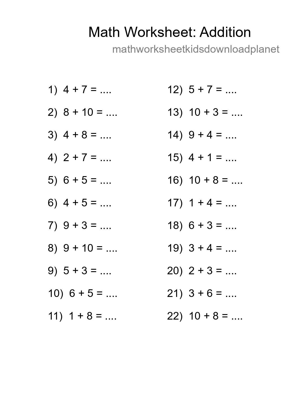 Printable Free 22 Addition Math Worksheet For Grade 1 - Part 67