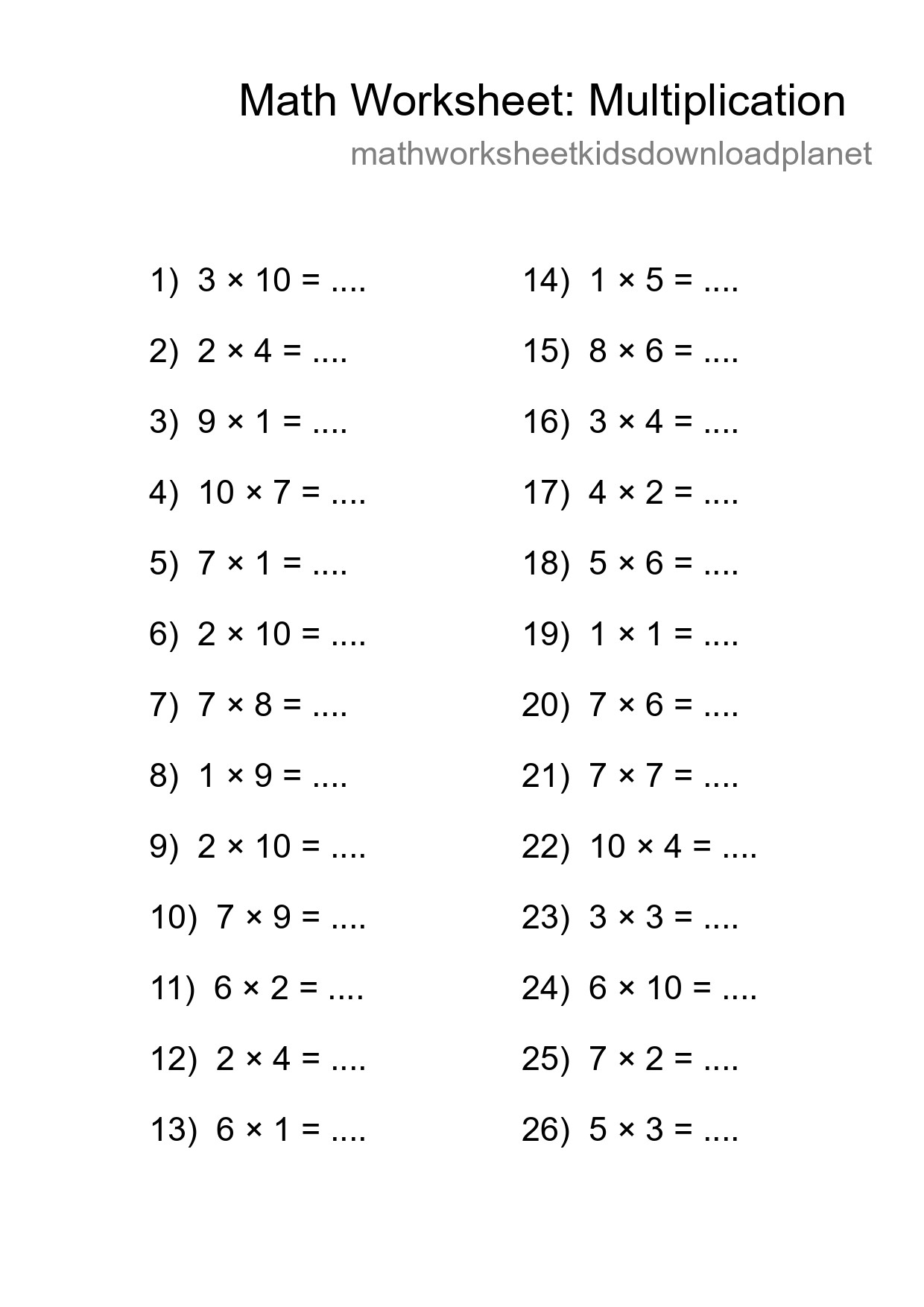 Printable Free 26 Multiplication Math Worksheet For Grade 1 - Part 194